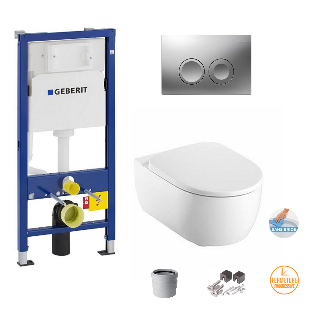 Pack Wc Bâti-support GEBERIT +plaque delta 21 chrome +cuvette wc MODO PURE OVALE kolo by GEBERIT Sans Bride Fixations Cachées <br>