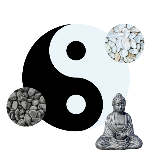 Kit Yin-Yang Galets blanc & gris foncé de marbre + Statue Bouddha + Bordures de jardin 0