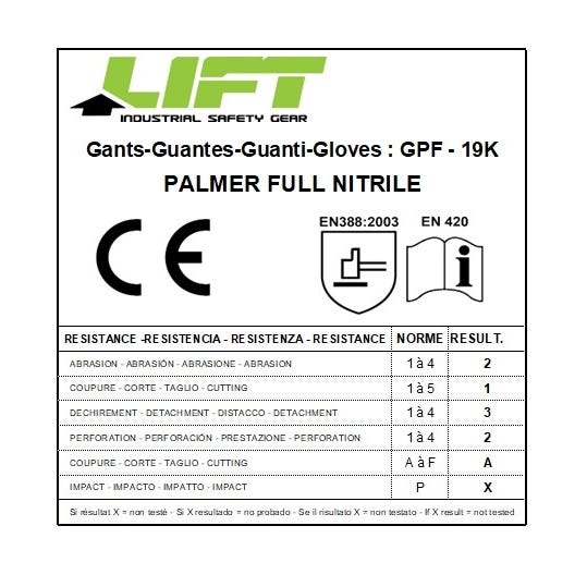 Gants de bricolage mécanique LIFT SAFETY PALMER FULL NITRILE M 2