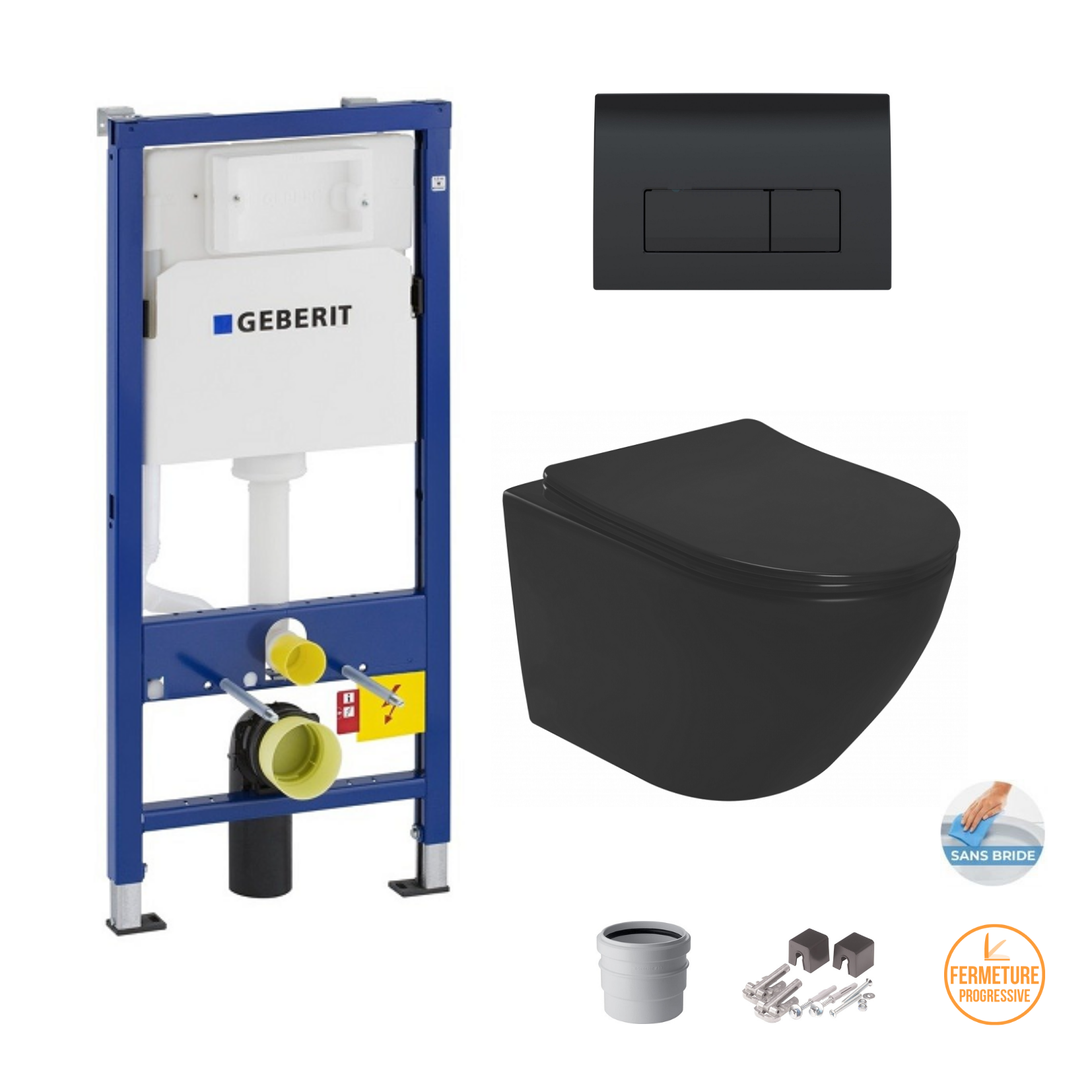 Geberit Pack Wc Duofix UP100 + Plaque De Commande Delta 51 noir (setup100-pro1)+ Cuvette noir mat Wc Suspendue sans bride