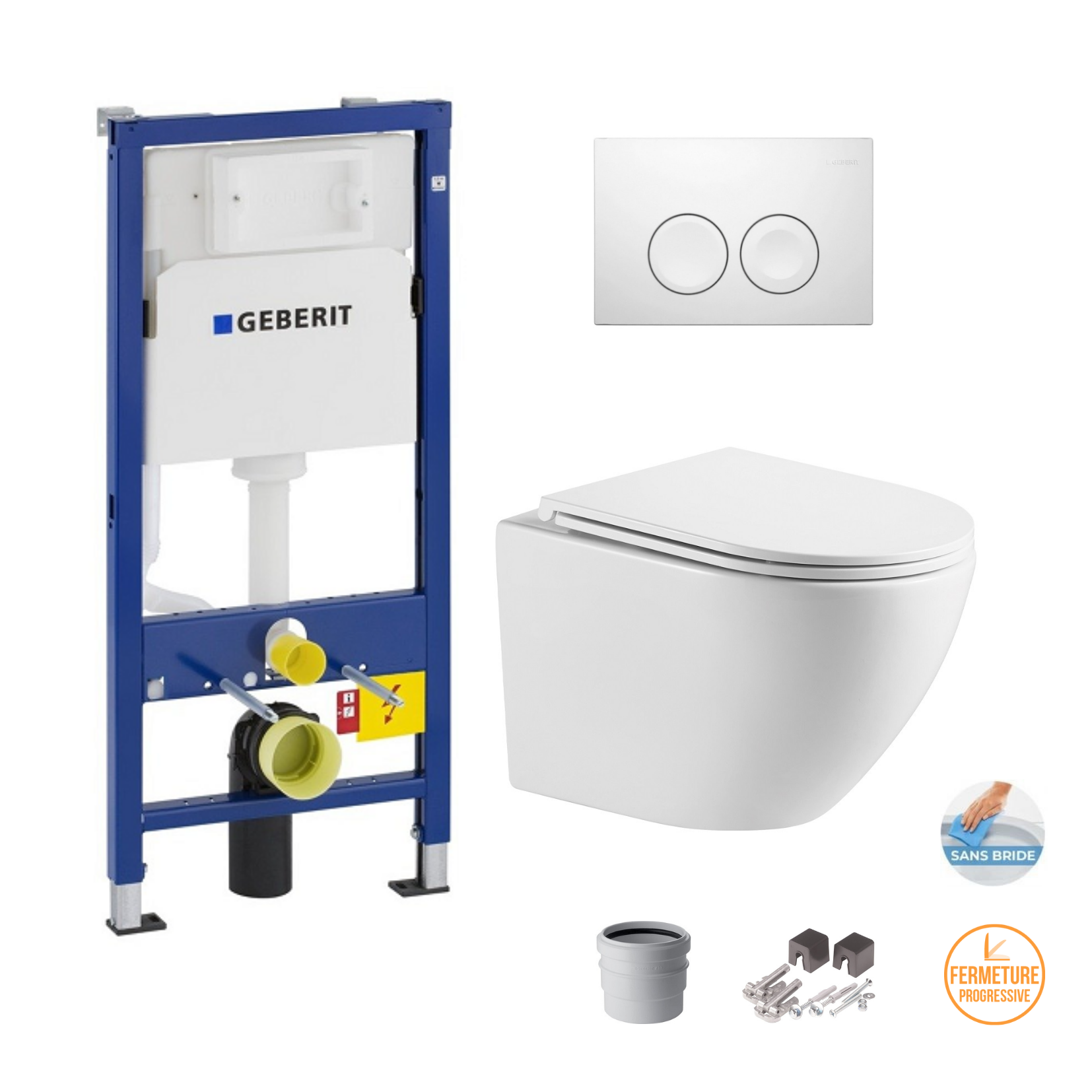 Geberit Pack Wc Duofix UP100 + Plaque De Commande Delta 21 blanc (setup100-pro1)+ Cuvette OTTAWA Wc Suspendue sans bride