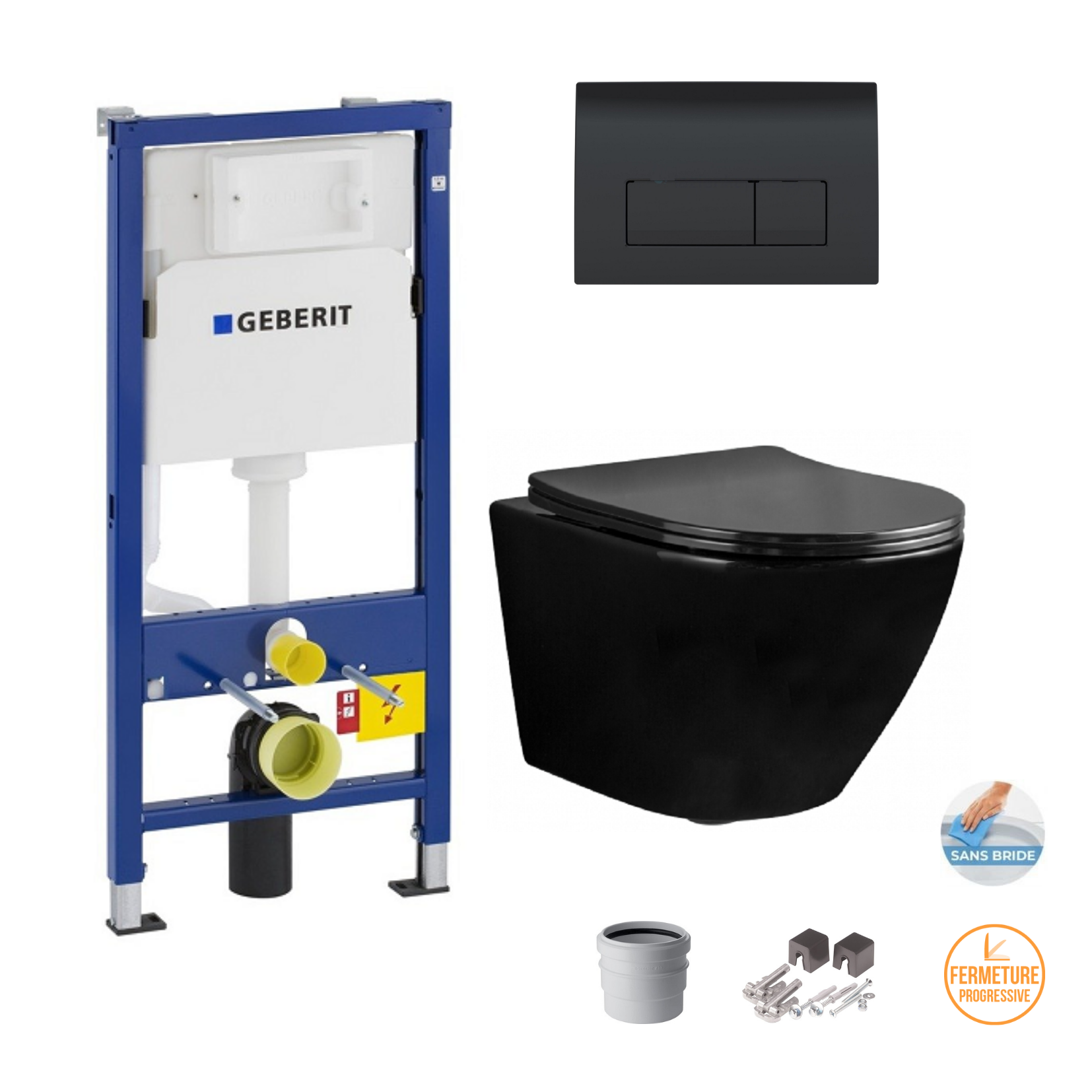 Geberit Pack Wc Duofix UP100 + Plaque De Commande Delta 51 noir (setup100-pro1)+ Cuvette noir brilant Wc Suspendue sans bride