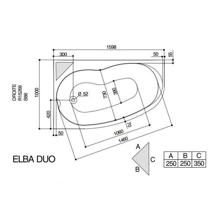Baignoire asymétrique droite ELBA DUO 160 x 100 cm 2