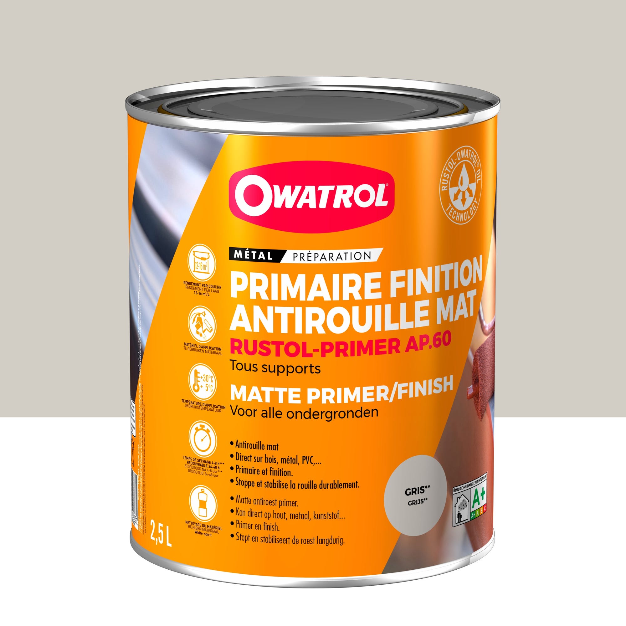 Primaire et finition mat antirouille Owatrol RUSTOL PRIMER AP 60 Gris (ow16) 2.5 litres 0