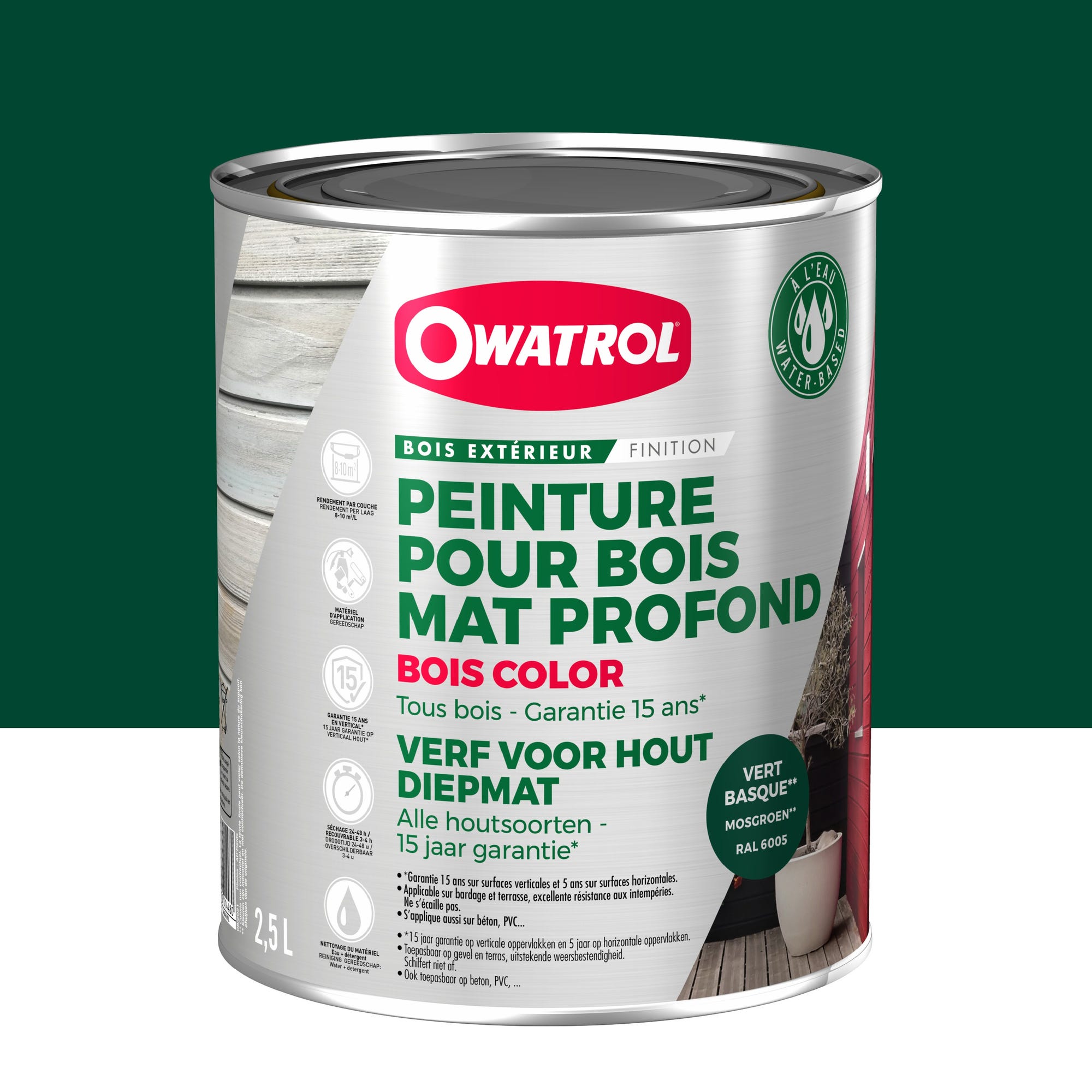 Peinture pour bois extérieur opaque - Finition Mate Owatrol BOIS COLOR Vert Basque RAL 6005 2.5 litres 0