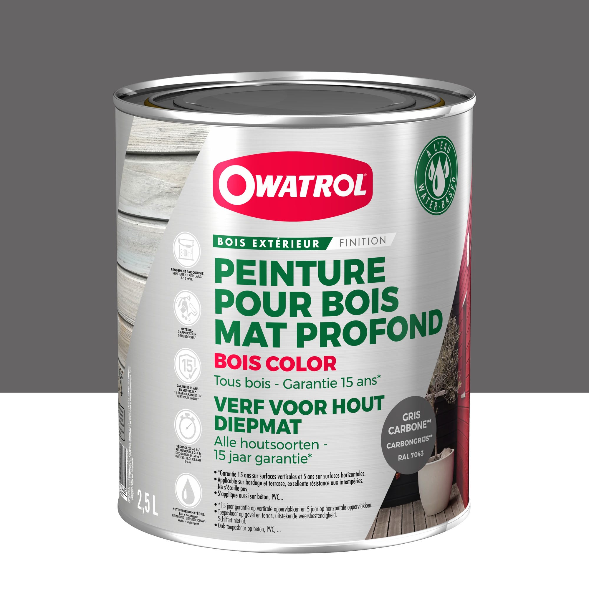 Peinture pour bois extérieur opaque - Finition Mate Owatrol BOIS COLOR Carbone RAL 7043 2.5 litres 0