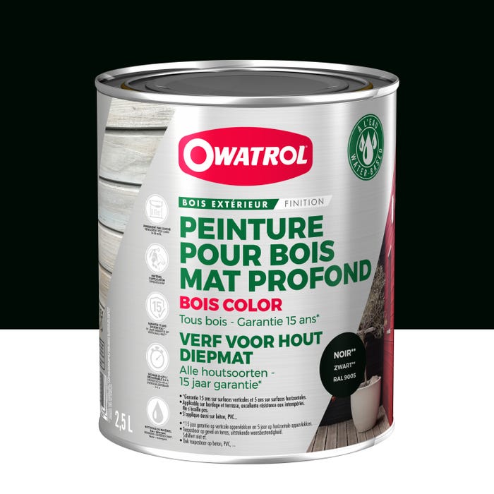 Peinture pour bois extérieur opaque - Finition Mate Owatrol BOIS COLOR Noir Profond (RAL 9005) 2.5 litres 0
