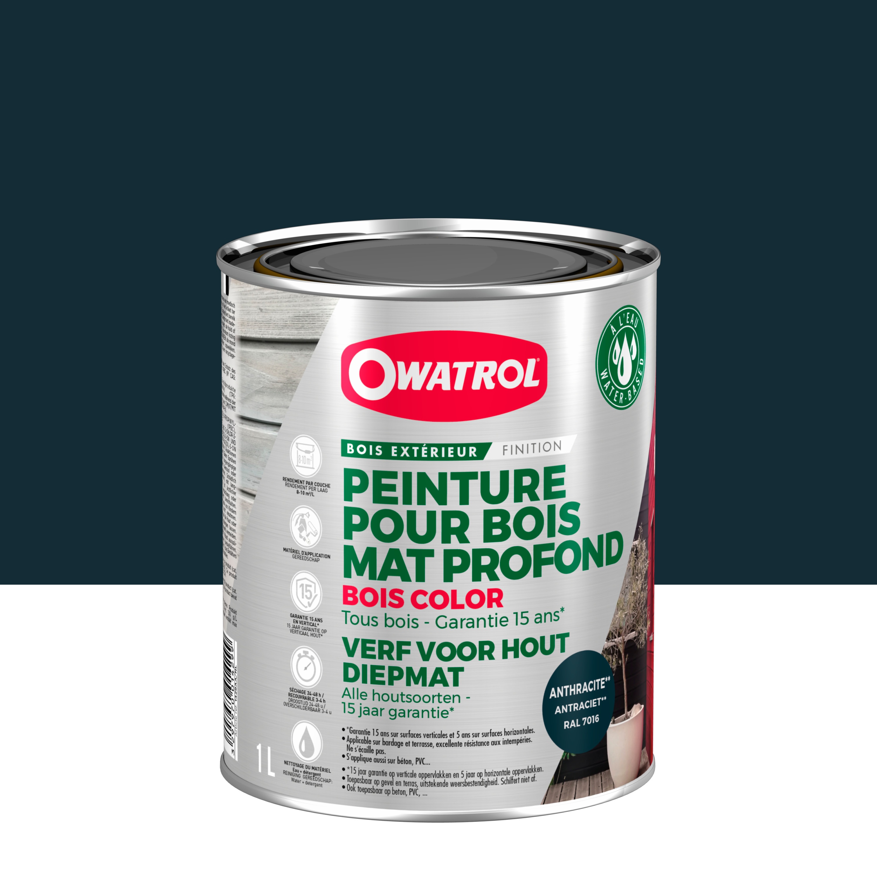 Peinture pour bois extérieur opaque - Finition Mate Owatrol BOIS COLOR Anthracite RAL 7016 1 litre