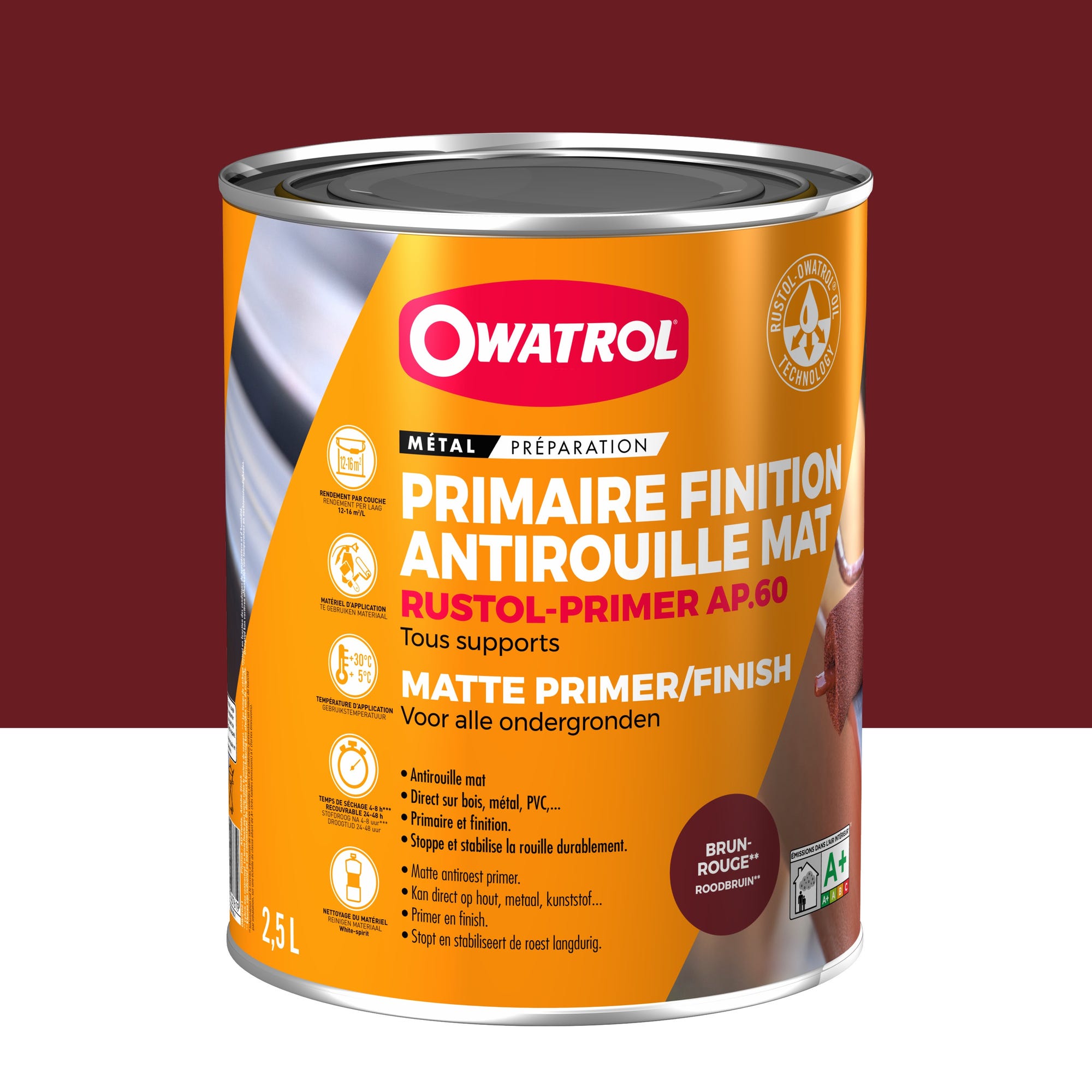 Primaire et finition mat antirouille Owatrol RUSTOL PRIMER AP 60 Brun-Rouge (ow8) 2.5 litres 0