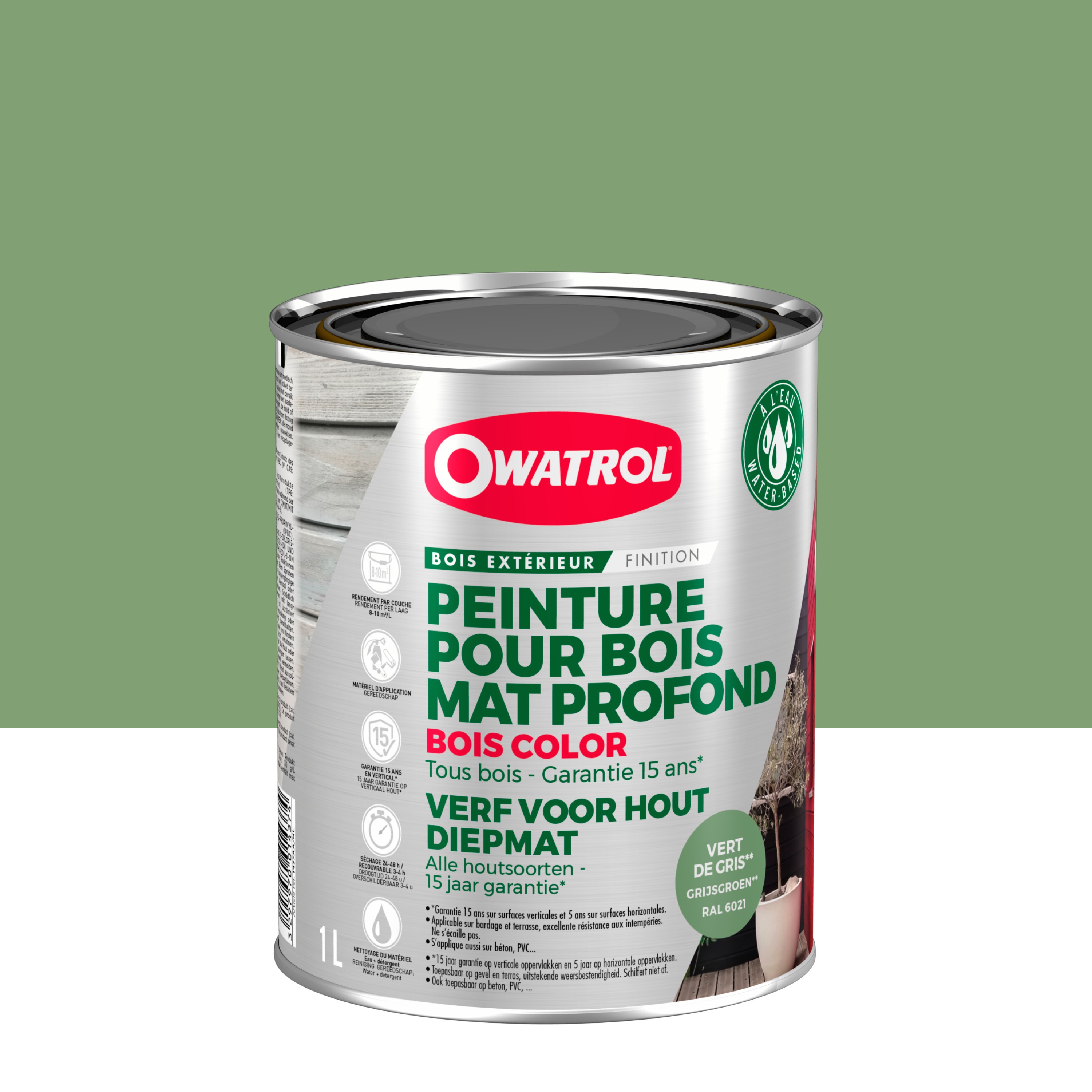 Peinture pour bois extérieur opaque - Finition Mate Owatrol BOIS COLOR Vert de Gris RAL 6021 1 litre