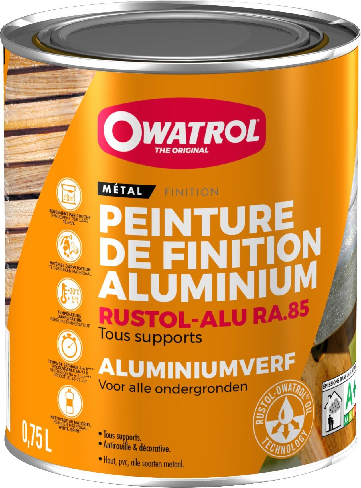 Peinture de finition aluminium métaux, pvc, bois Owatrol RUSTOL-ALU RA.85 Aluminium 0.75 litre
