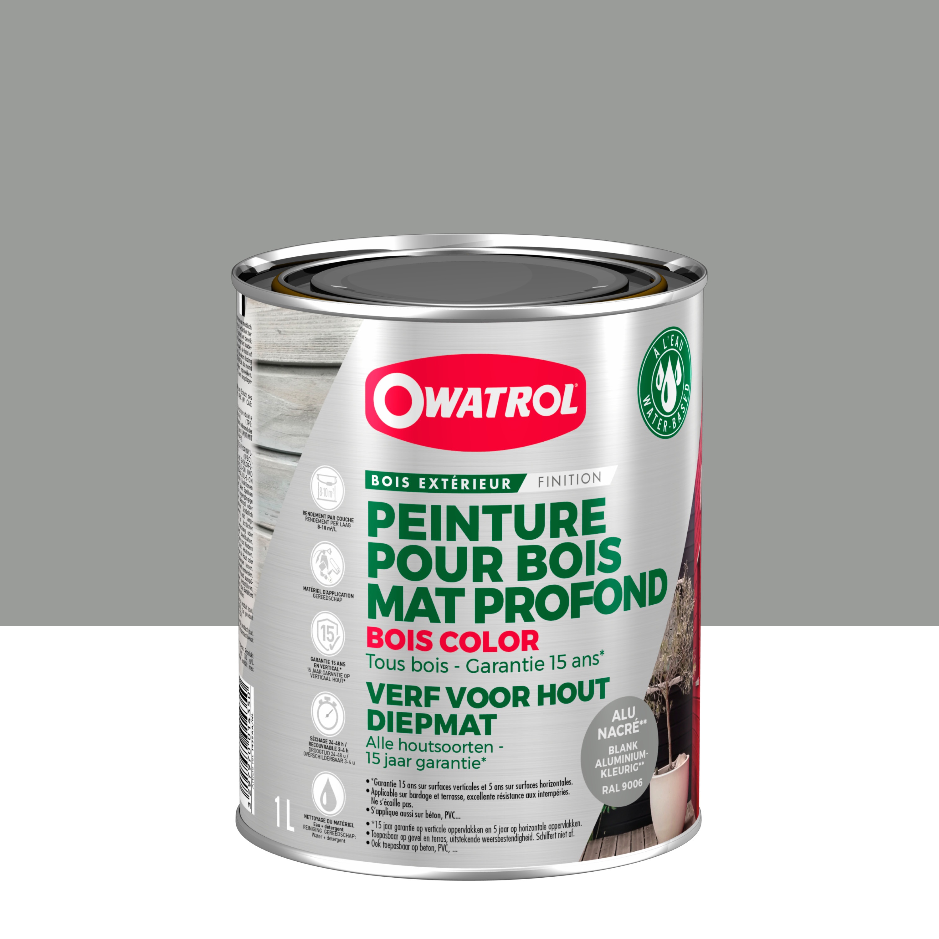 Peinture pour bois extérieur opaque - Finition Mate Owatrol BOIS COLOR Alu Nacre RAL 9006 1 litre