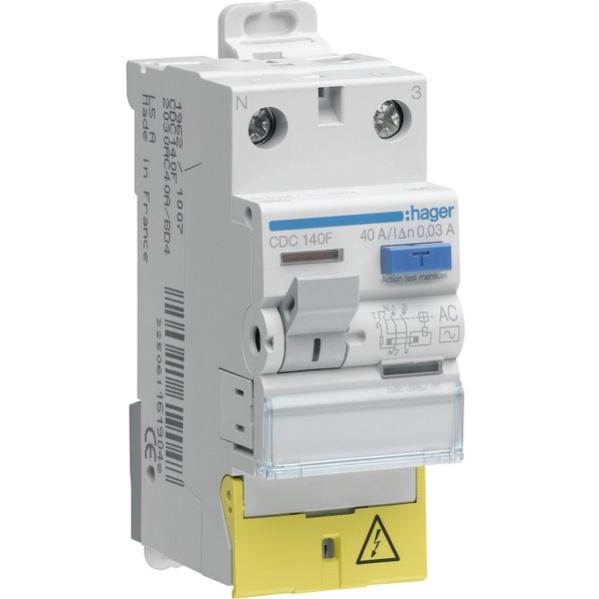 Interrupteur différentiel 1P+N 40A 30mA - HAGER : CDC140F