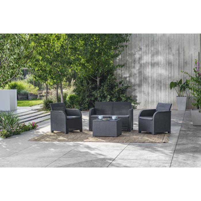 ALLIBERT by KETER - Salon de jardin SanRemo Storage 4 places - table basse coffre range-coussins - imitation rotin tresse - grap