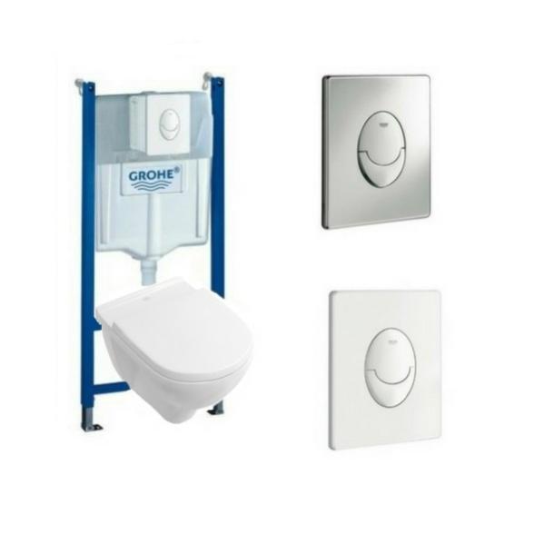 Villeroy & Boch Pack WC suspendu sans bride O.novo + abattant + plaque + bâti Grohe, plaque blanche