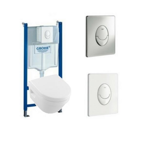 Villeroy & Boch Pack WC suspendu compact sans bride Architectura + abattant + plaque + bâti Grohe, plaque blanche