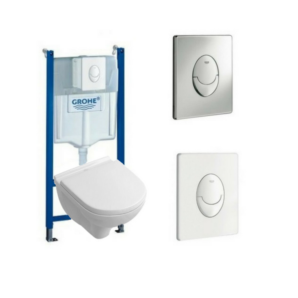 Villeroy & Boch Pack WC suspendu compact sans bride O.novo + abattant + plaque + bâti Grohe, plaque chromée