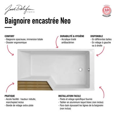Baignoire bain douche JACOB DELAFON Neo compacte 180 x 90, version gauche