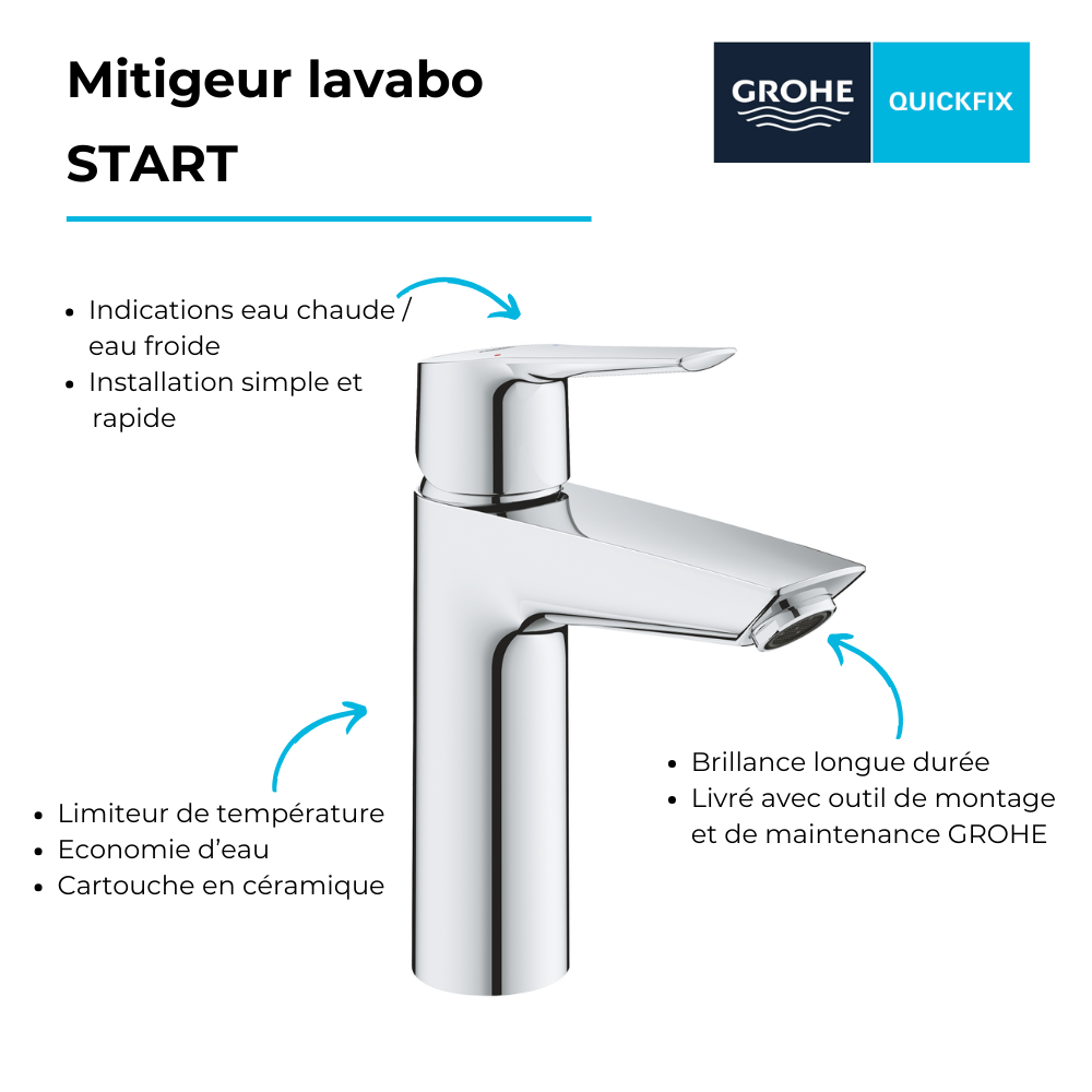 Mitigeur lavabo GROHE Quickfix Start 2021 avec vidage Push-Open taille M chromé + nettoyant GrohClean 2