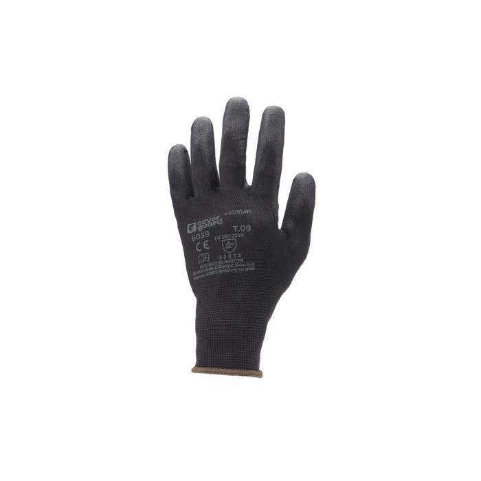 Lot de 10 paires de gants polyester noir, paume end.PU noir - Coverguard - Taille XS-6 0