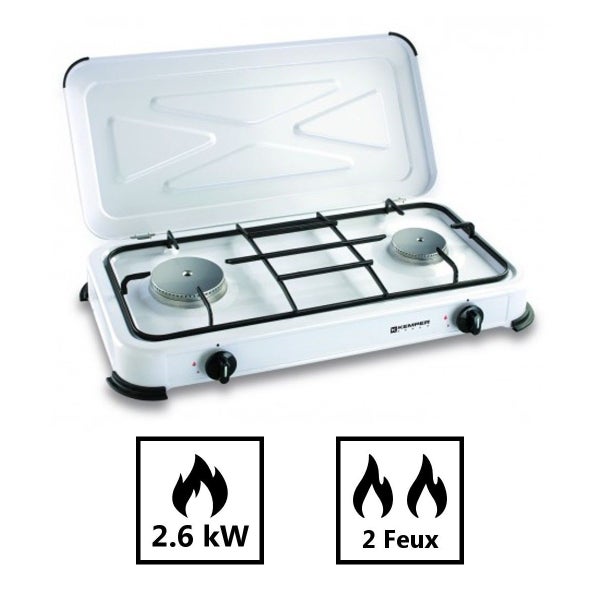 Réchaud gaz portable 2 feux 2600W Blanc laqué Couvercle Plaque de cuisson KEMPER 2