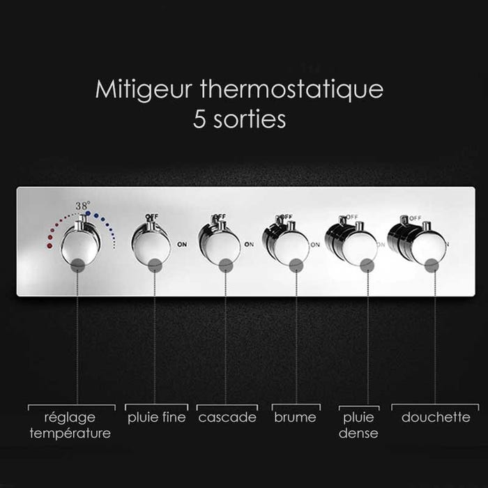 Composition de douche thermostatique avec ciel de pluie LED et chromothérapie - 80x60 cm 2
