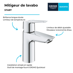 Mitigeur lavabo GROHE Quickfix Start 2021 avec vidage Push-Open taille S chromé + nettoyant GrohClean 2