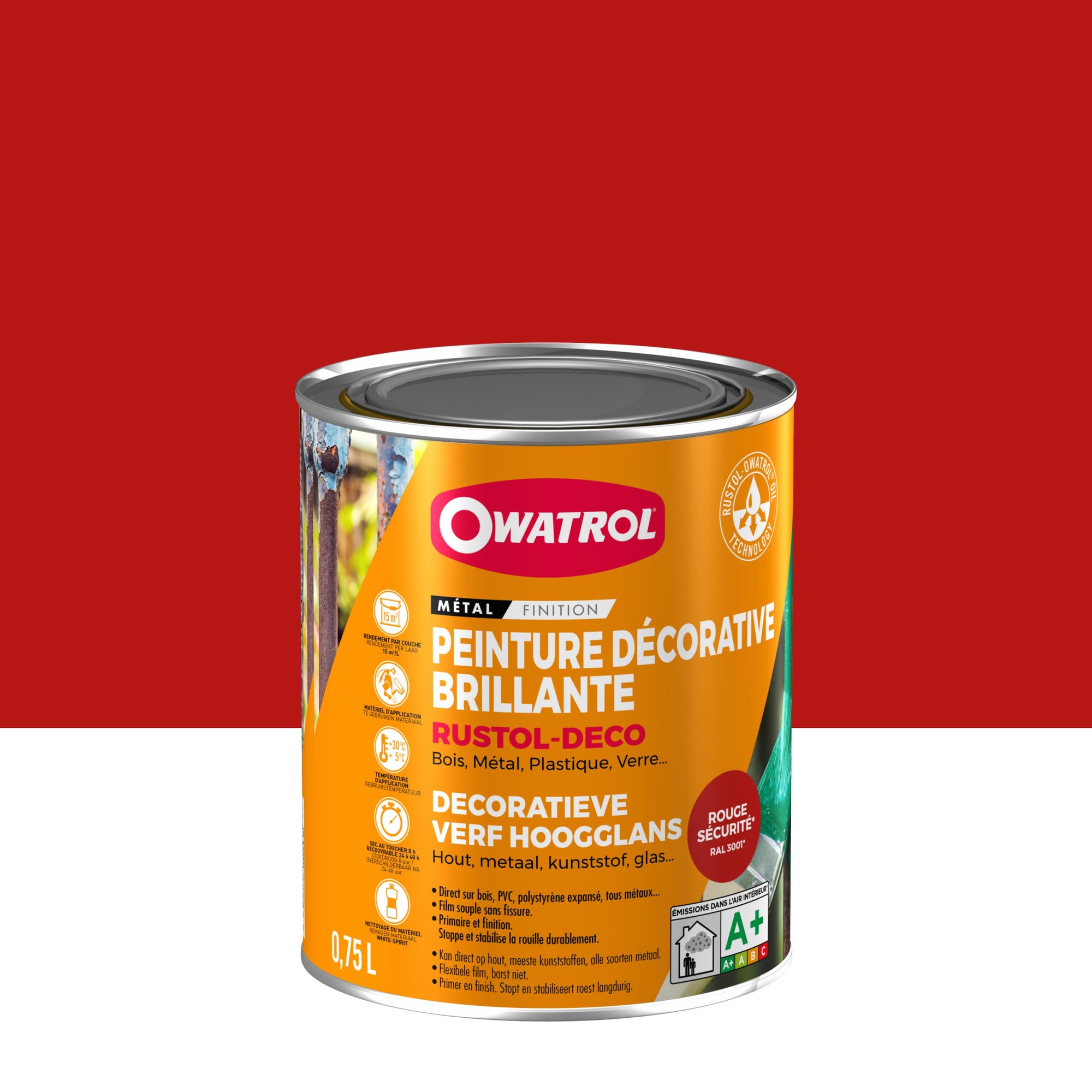 Peinture antirouille décorative Owatrol RUSTOL DECO BRILLANT Rouge sécurité (RAL 3001) 0.75 litre 0