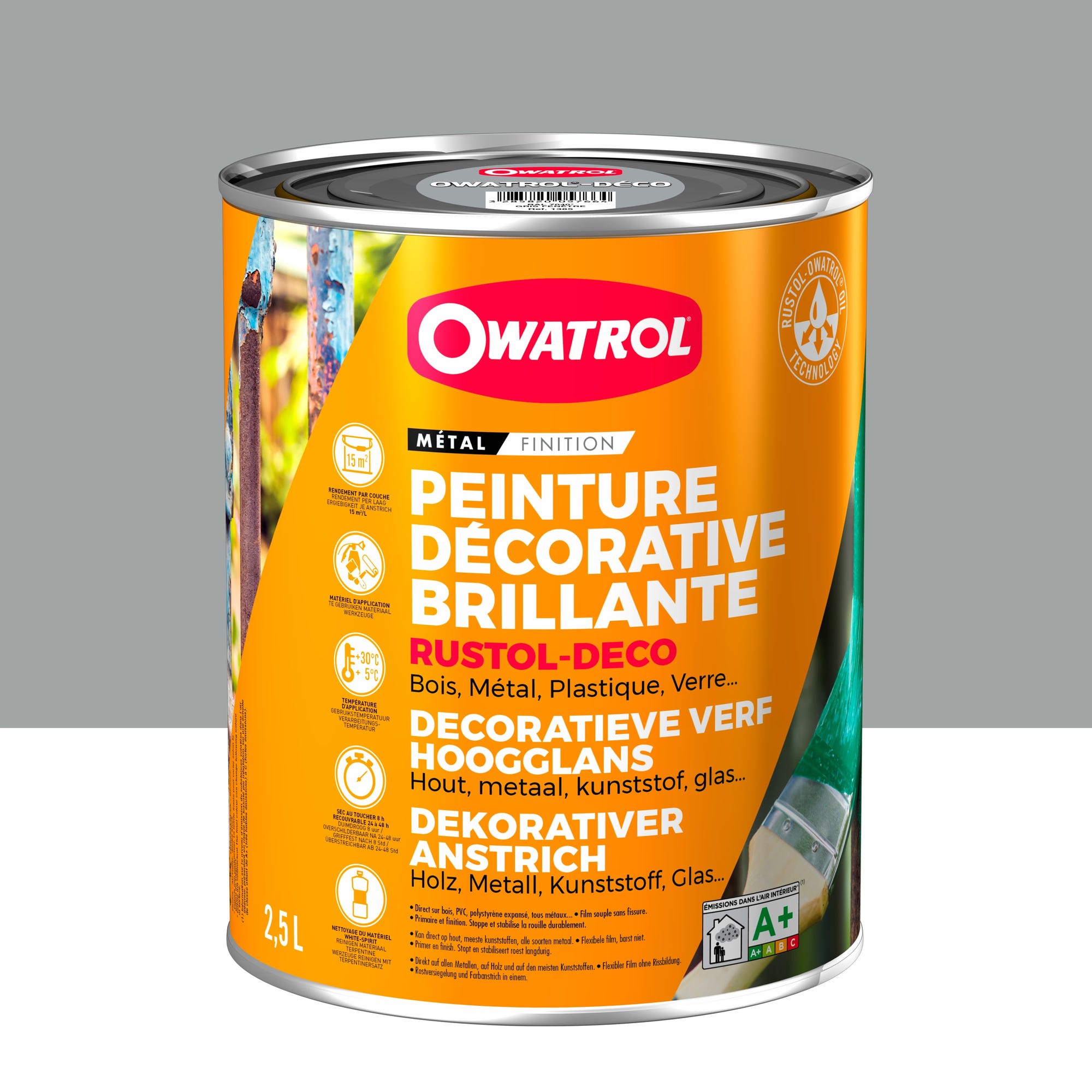 Peinture antirouille décorative Owatrol RUSTOL DECO BRILLANT Gris Fenêtre (RAL 7040) 2.5 litres 0