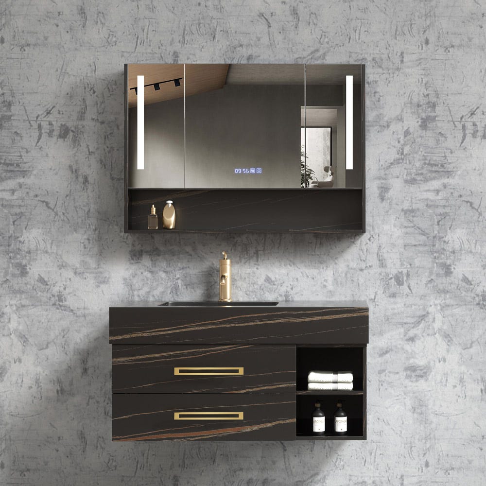 Meuble de salle de bain suspendu Noir avec motif doré - 120 cm - Jaipur 0