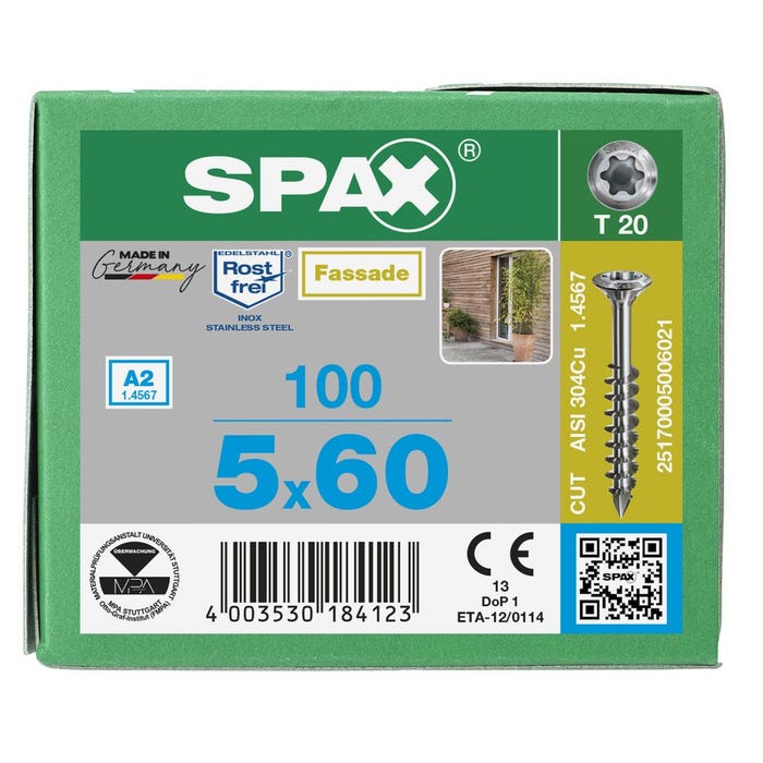 Vis de terrasse resineux cut inox a2 - longueur (mm) : 60 - Ø (mm) : 5.0 - boîte de : 100 - SPAX 2