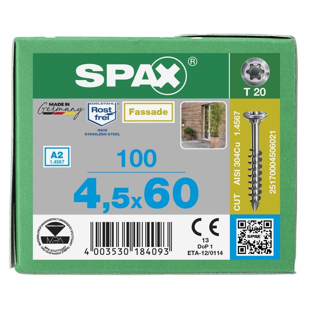 Vis de terrasse resineux cut inox a2 - longueur (mm) : 60 - Ø (mm) : 4.5 - boîte de : 100 - SPAX 2