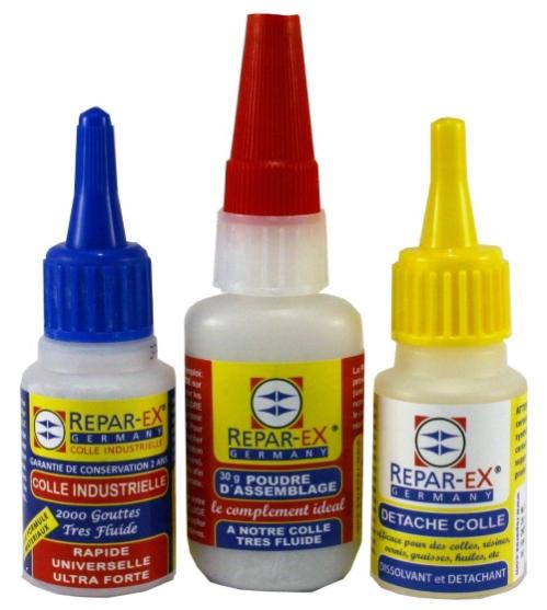 REPAR-EX - Lot de Colle Repar-ex 20g - Poudre d'Assemblage 30g - Détache Colle Reparex 20ml - Colle Forte Tous Supports