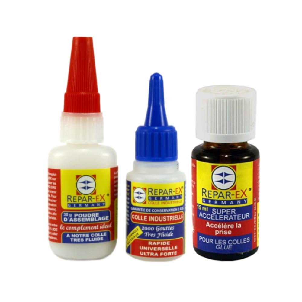 REPAR-EX- Lot de Colle Forte Repar-ex 20g - Poudre d'Assemblage 30g - Activateur de Colle de 15ml - Tous Supports