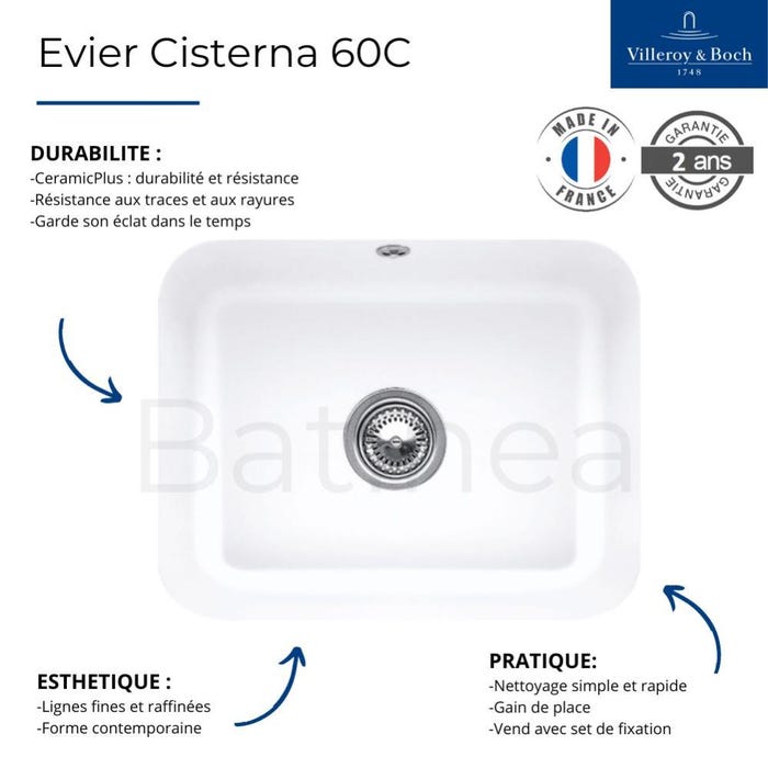 Evier 1 bac VILLEROY ET BOCH Cisterna 60C Blanc CeramicPlus avec vidage manuel 2