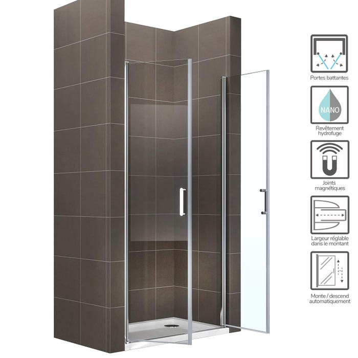 KIMI Porte de douche battante H 180 cm largeur réglable 76 à 79 cm verre 6 mm transparent 1