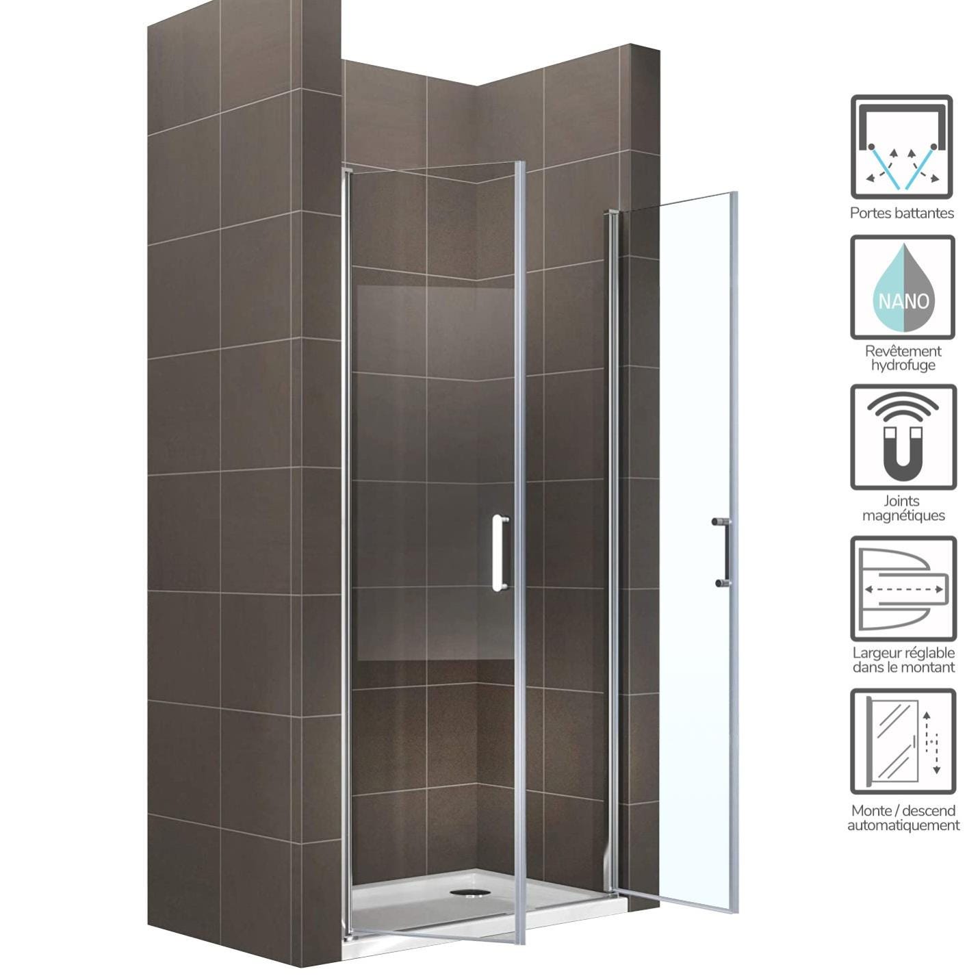 KIMI Porte de douche battante H 190 cm largeur réglable 100 à 103 cm verre 6 mm transparent 1