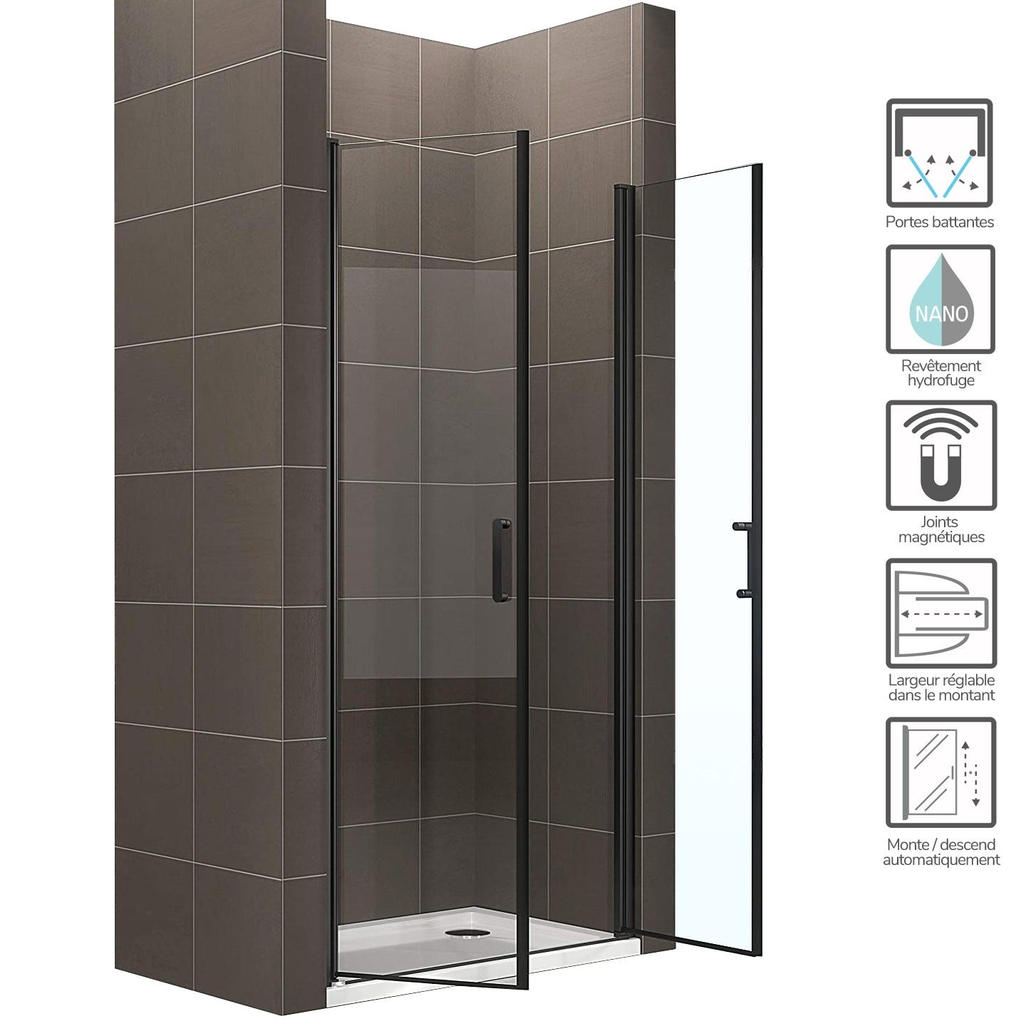 KIMIBLACK Porte de douche battante H 180 cm noir largeur réglable 73 à 76 cm verre transparent 1