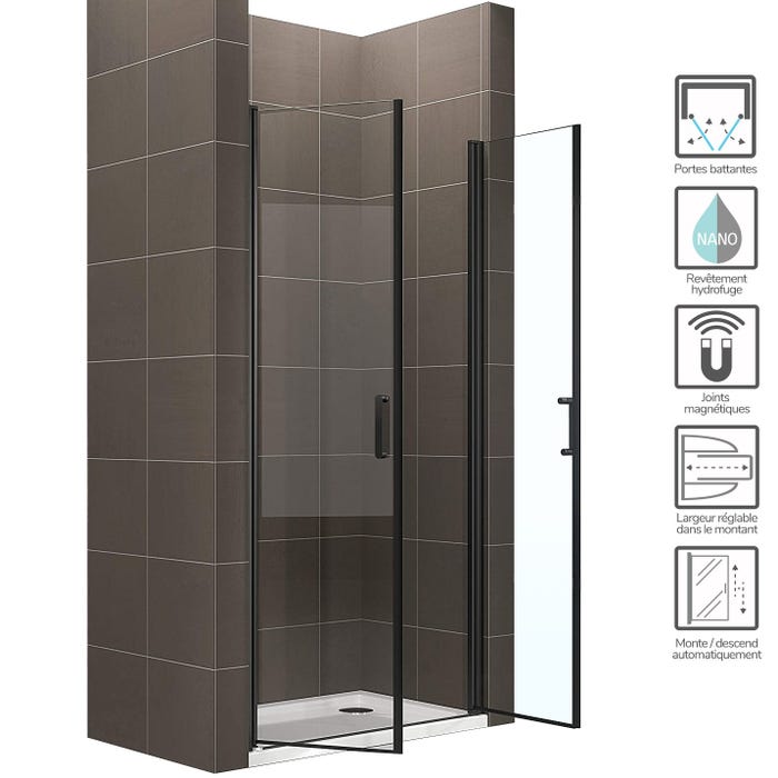 KIMIBLACK Porte de douche battante H 180 cm noir largeur réglable 76 à 79 cm verre transparent 1