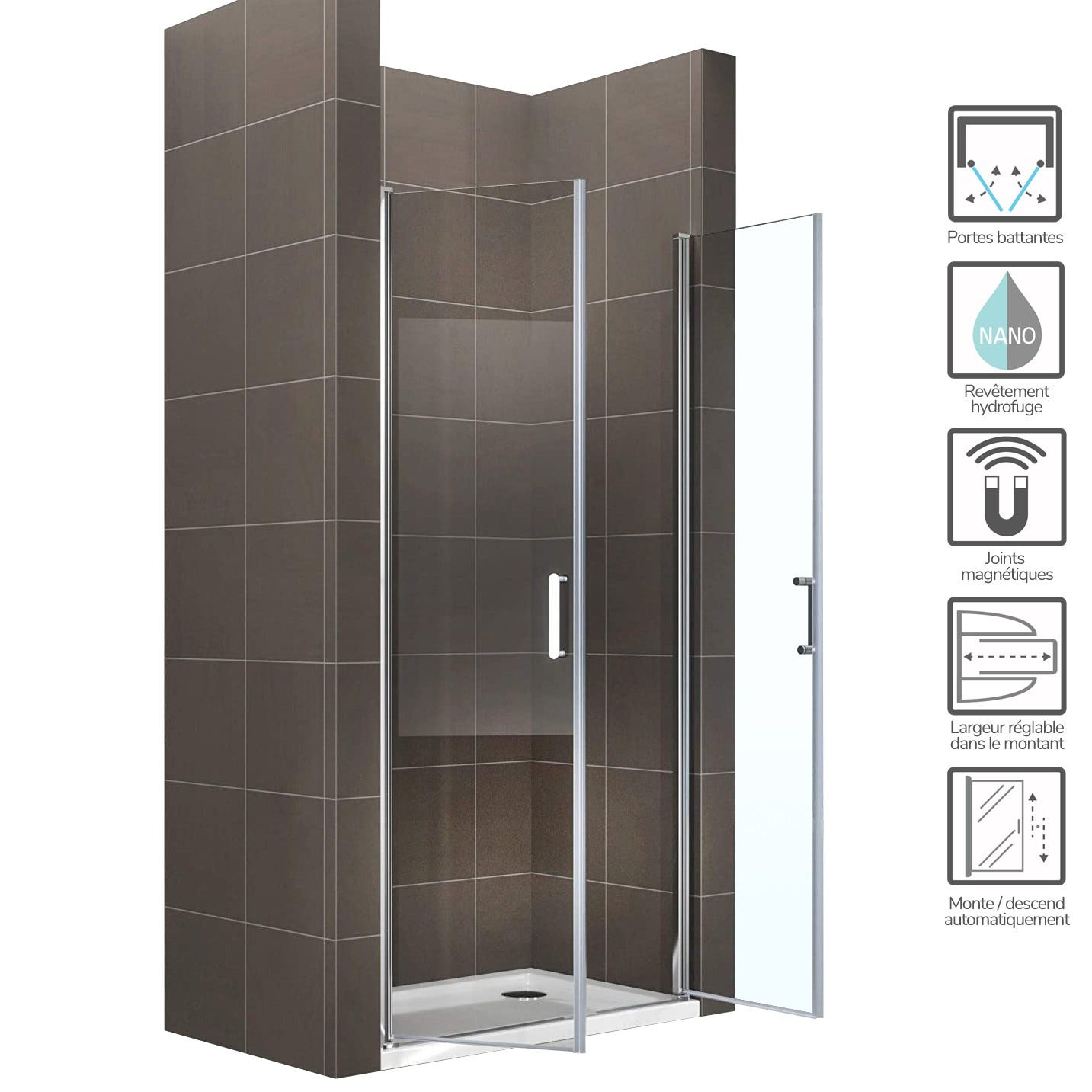 KIMI Porte de douche battante H 190 cm largeur réglable 76 à 79 cm verre 6 mm transparent 1