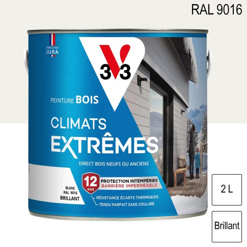 Peinture bois extérieur Climats Extrêmes RAL 9016 Blanc brillant 2L V33 0