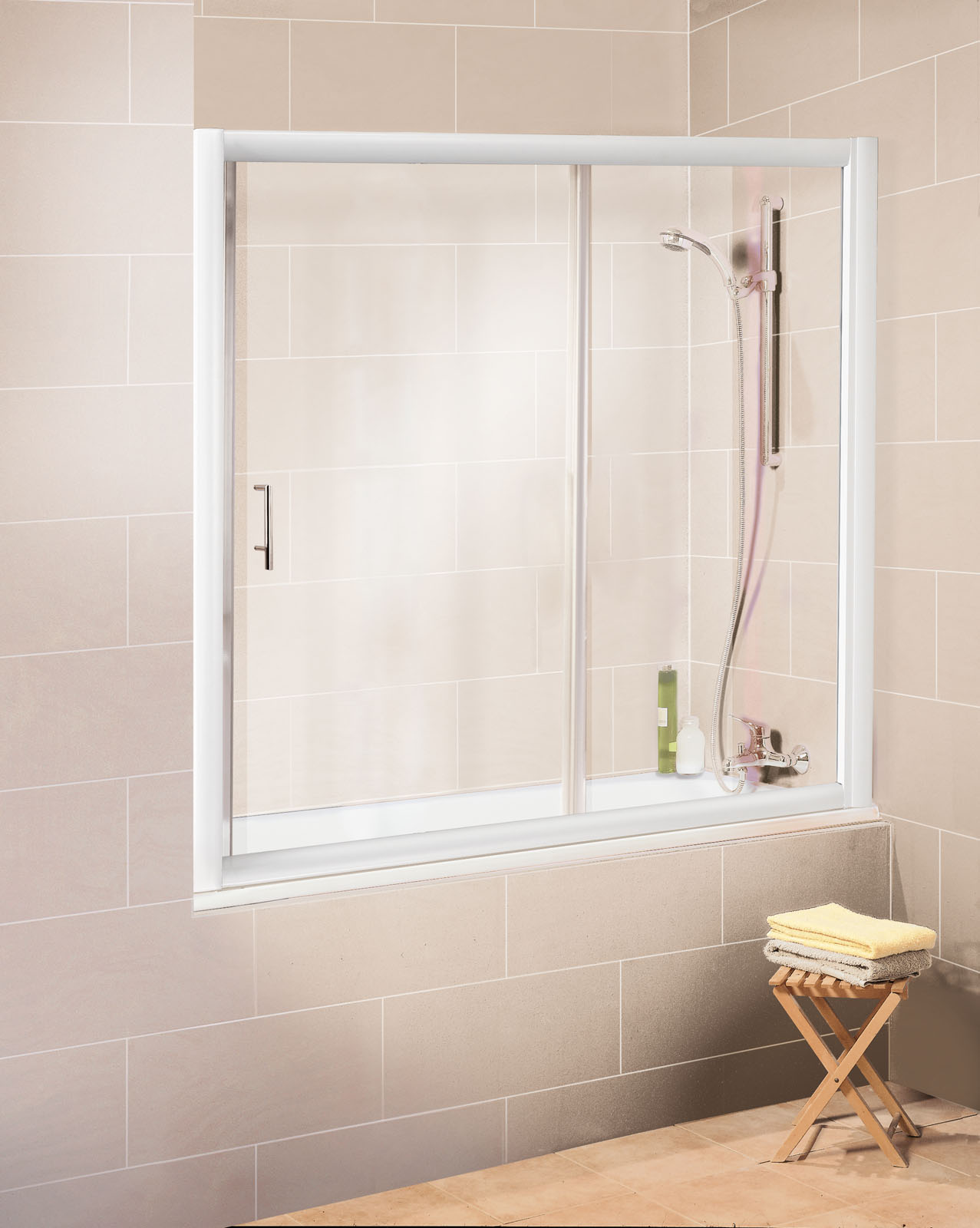 Pare-baignoire coulissant en niche, 160 x 150 cm, paroi de baignoire mobile extensible, 2 volets, verre transparent, profilé blanc, SCHULTE