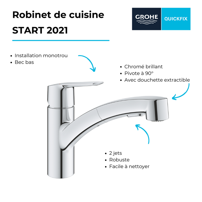 Robinet de cusine avec douchette GROHE Start 2021 + nettoyant GrohClean 2