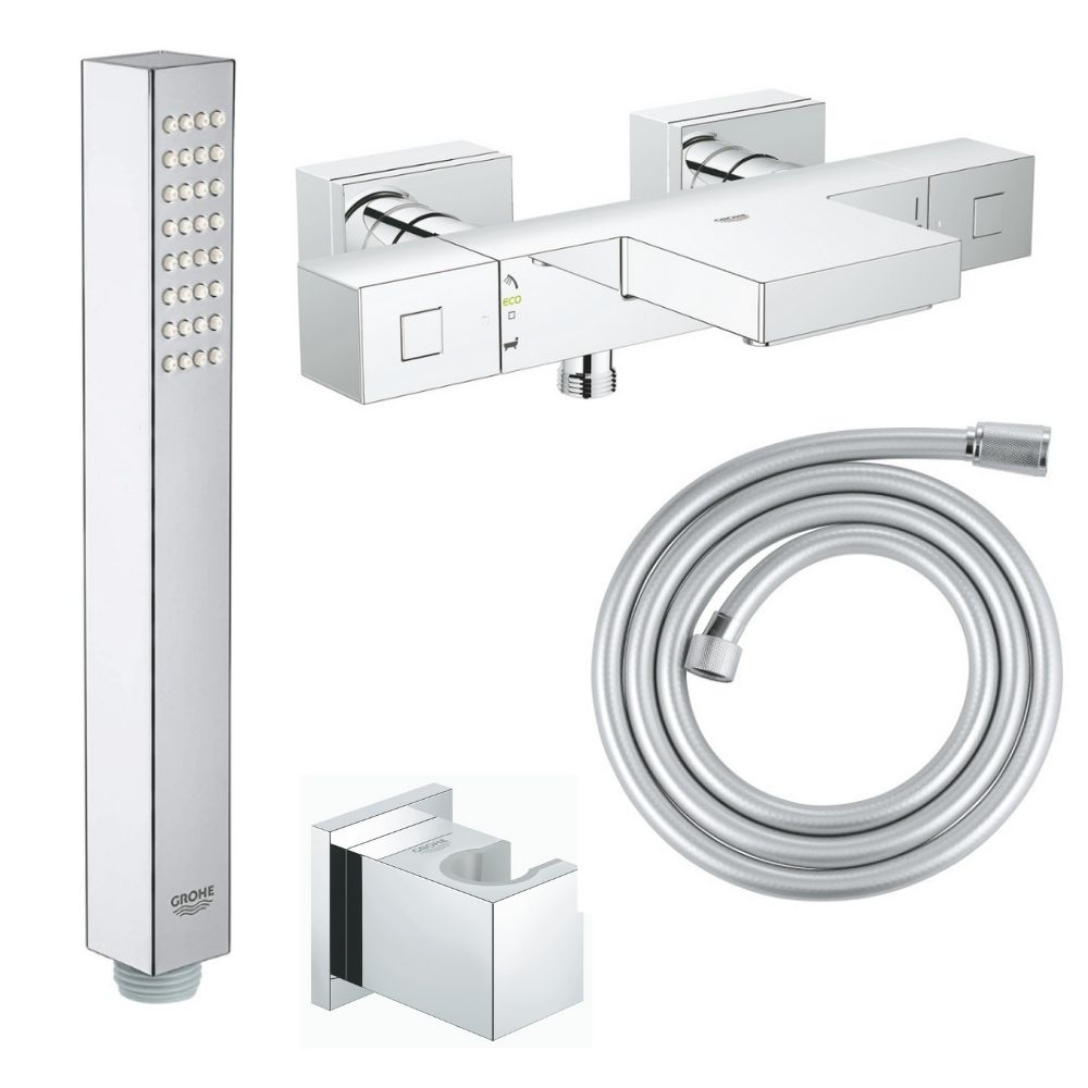 Grohe - Mitigeur bain Grohtherm + Douchette Grohe Euphoria + Support mural + Flexible douche SilverFlex