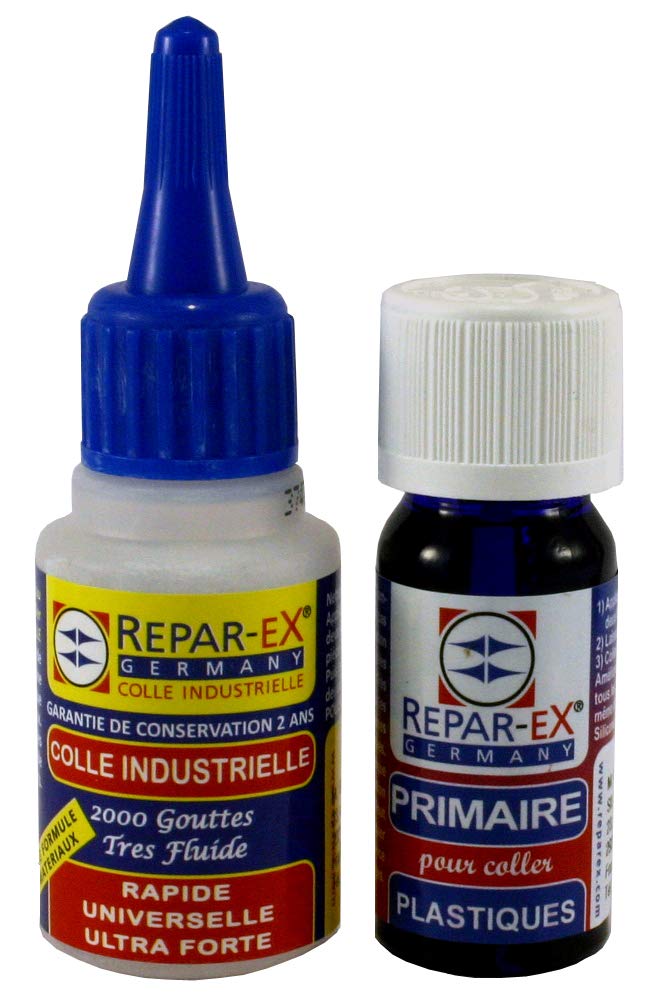 REPAR-EX- Lot de Colle Forte Professionnelle Repar-ex 20g - Primaire d'Accrochage Reparex de 10ml - Spécial Plastique