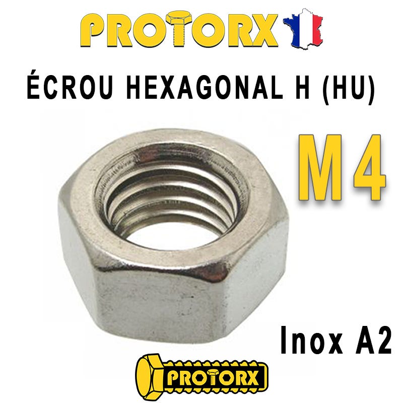 ÉCROU HEXAGONAL H (HU) : M4 x 10pcs | Acier Inoxydable A2 (Diam. Intérieur : 4mm | Diam. Extérieur : 7mm) Bricolage-Réparation Norme DIN934 NFE25514 0