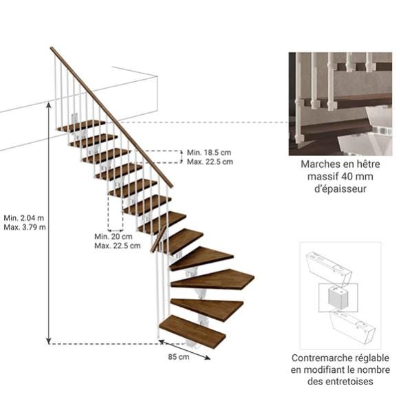 Escalier 1/4 tournant 12 marches - Haut. à franchir 2.41 à 2.89m - Larg. 85cm - Limon central - Bois et blanchi - Rampe verticale - KNOCK85/L/BB/RV/12 1