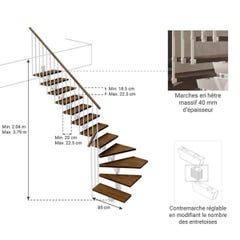 Escalier 1/4 tournant 12 marches - Haut. à franchir 2.41 à 2.89m - Larg. 85cm - Limon central - Bois et blanchi - Rampe verticale - KNOCK85/L/BB/RV/12 1