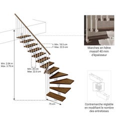 Escalier 1/4 tournant 14 marches - Haut. à franchir 2.78 à 3.34m - Larg. 75cm - Limon central - Bois/blanchi - Rampe horizontale - KNOCK75/L/BB/RH/14 1