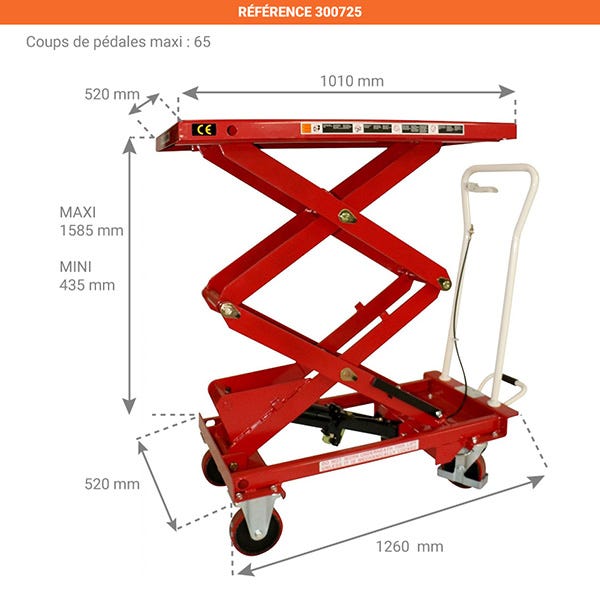 Table élévatrice mobile haute levée - Capacité 300kg / Hauteur 1585mm - 300725 1
